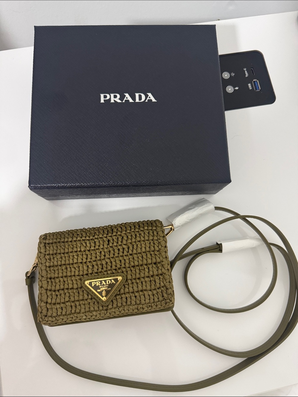 Prada Olive Woven Crossbody with Gold Triangle Logo